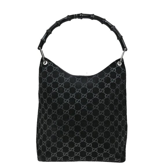 GUCCI Logo Bamboo GG Pattern Shoulder Bag Suede Leather Black Italy 36FB558 - Picture 1 of 16